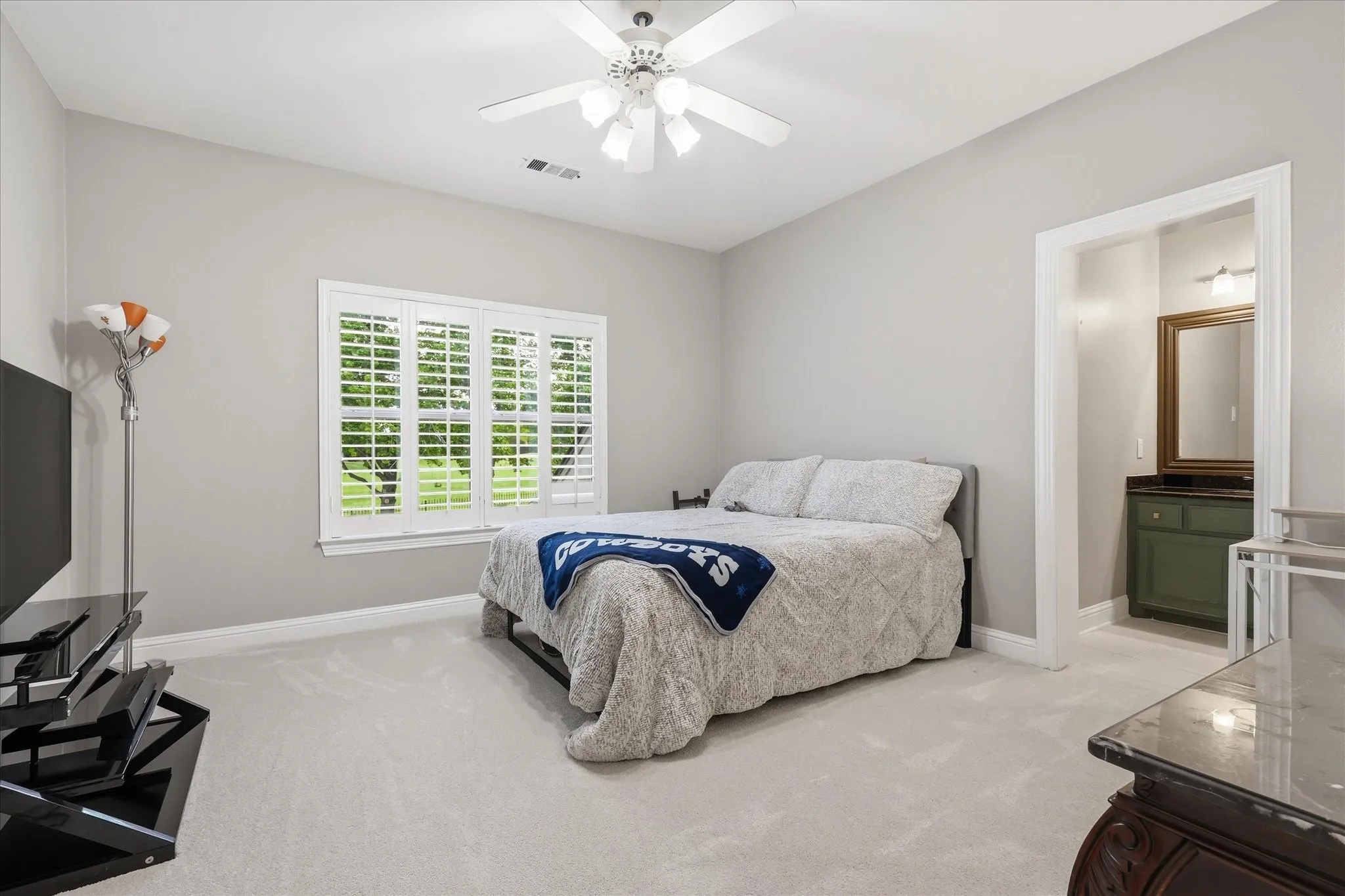 Light gray carpeting throughout the room
