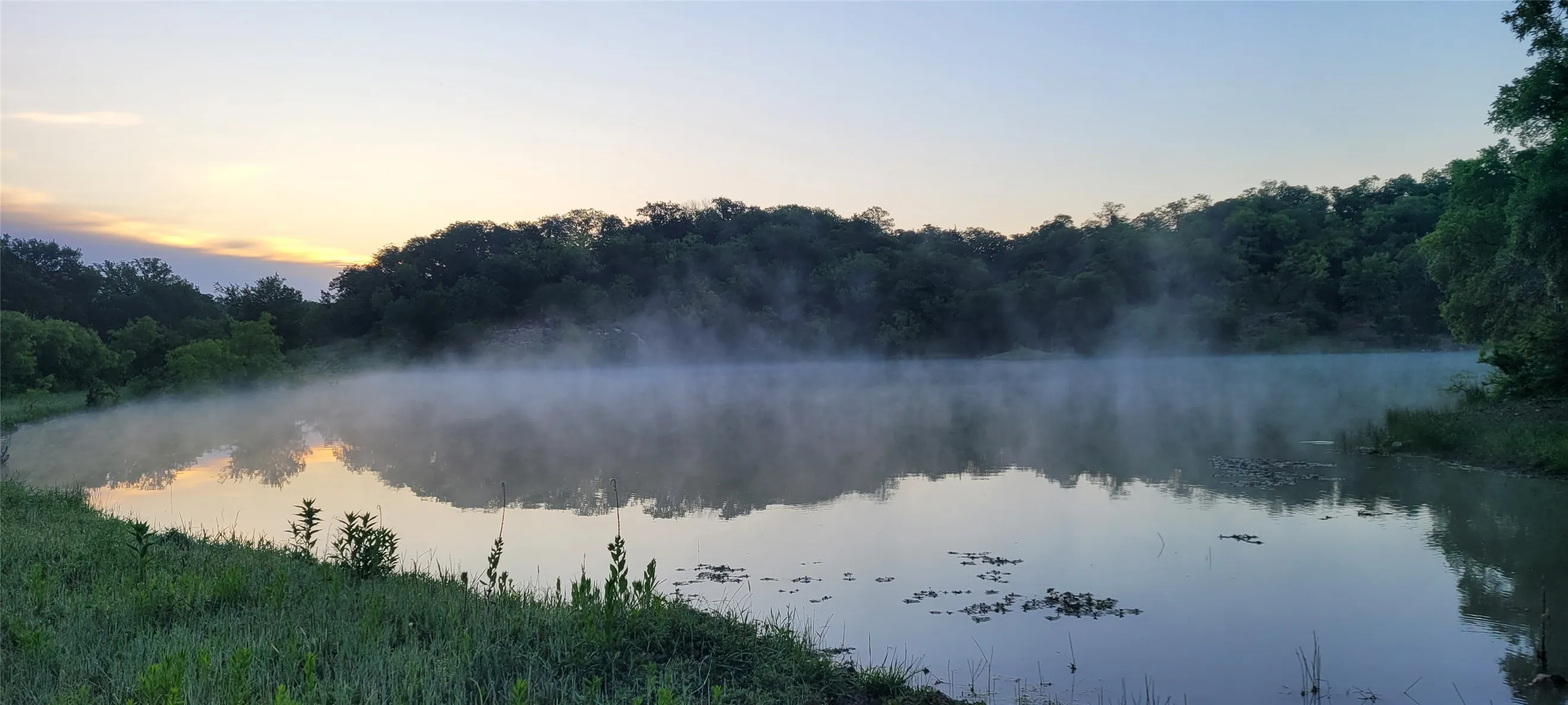 Private pond featuring a natural shoreline, surrounding dense foliage, and calm waters reflecting the natural environment
