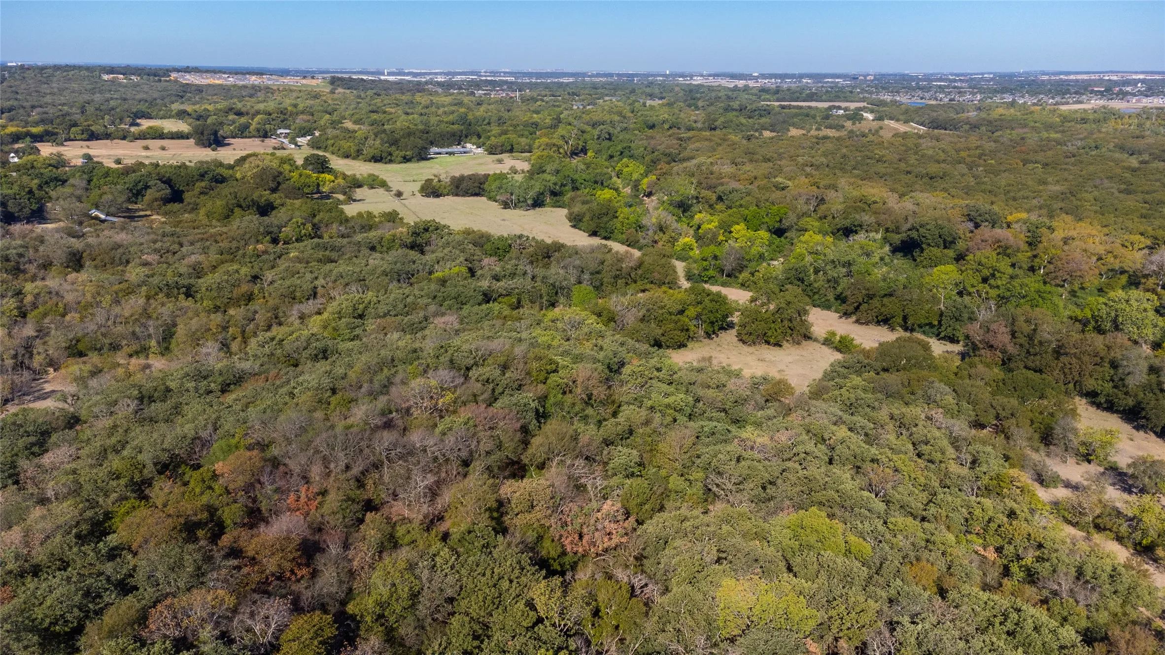 Expansive natural landscape featuring dense tree coverage and scattered open clearings