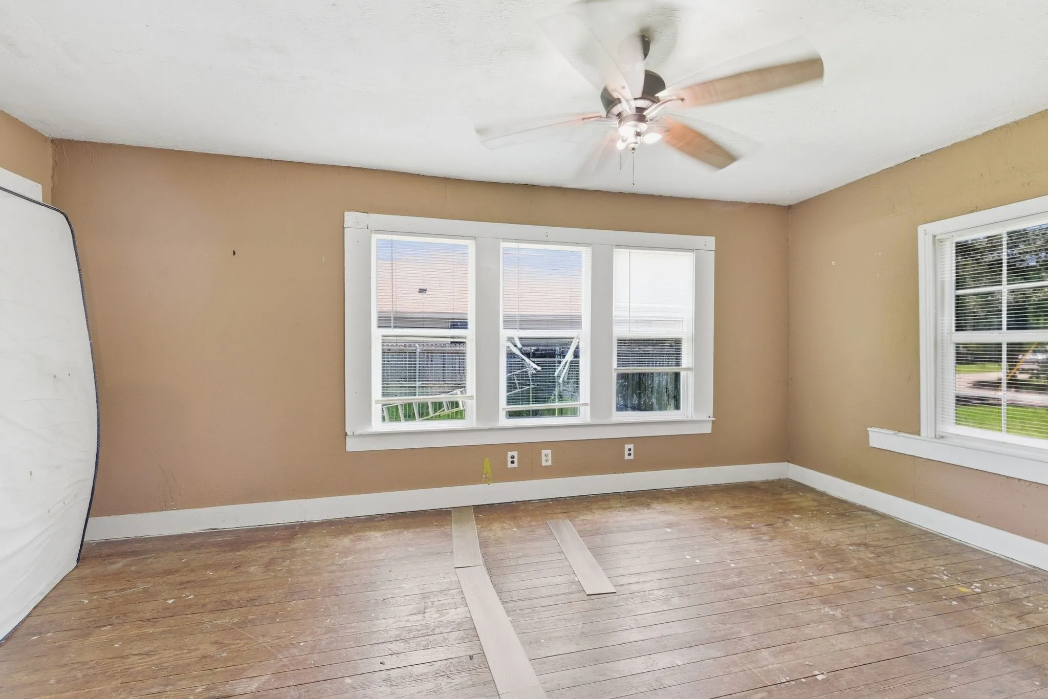 Room with wood-finish flooring, featuring multiple windows with white trim, and a ceiling fan