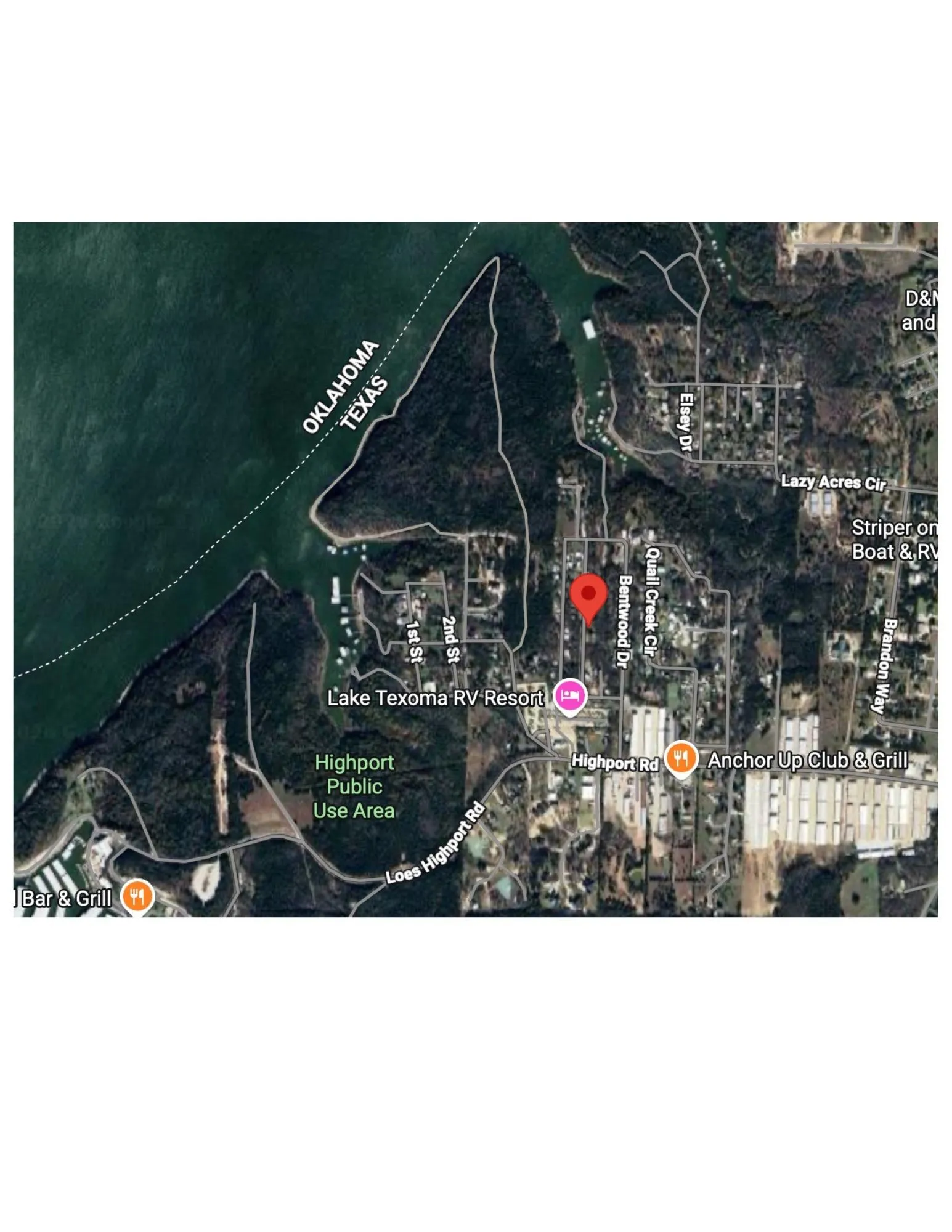 Geographic Map. Approximate Property location. Displaying the property's location relative to Lake Texoma and state boundaries