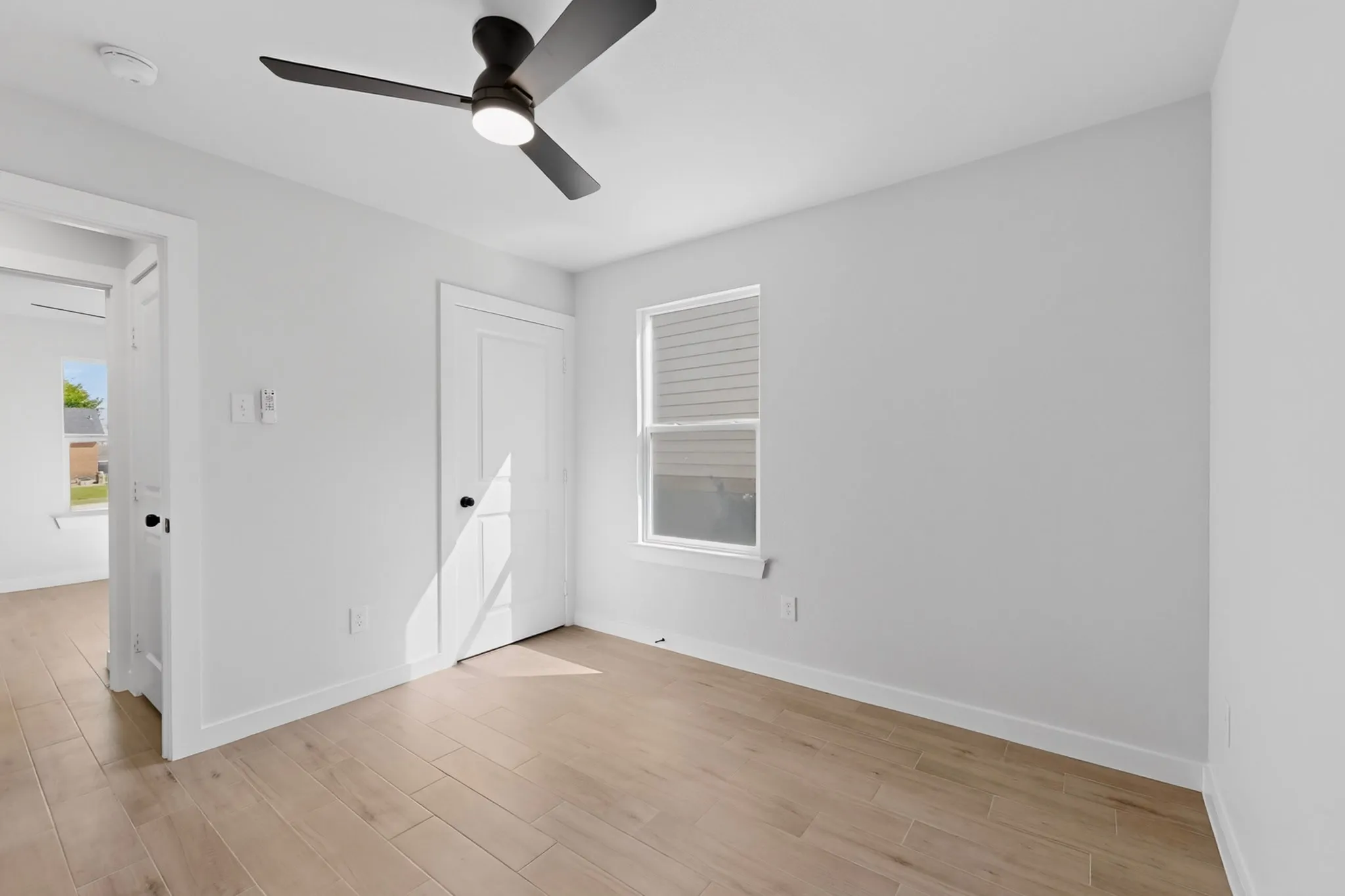 Bright interior space featuring a ceiling fan with integrated lighting, wood-finish flooring, and white baseboards