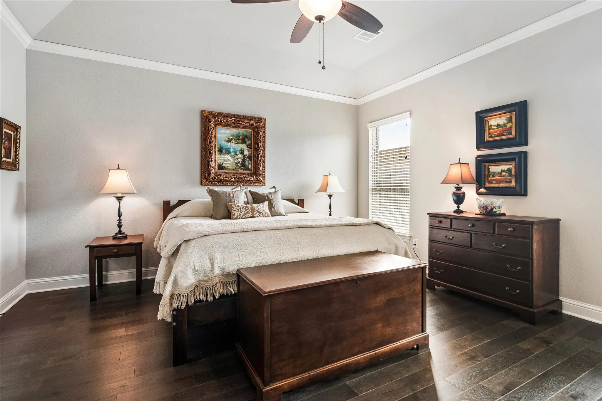 Primary bedroom with lots of room for large pieces of furniture