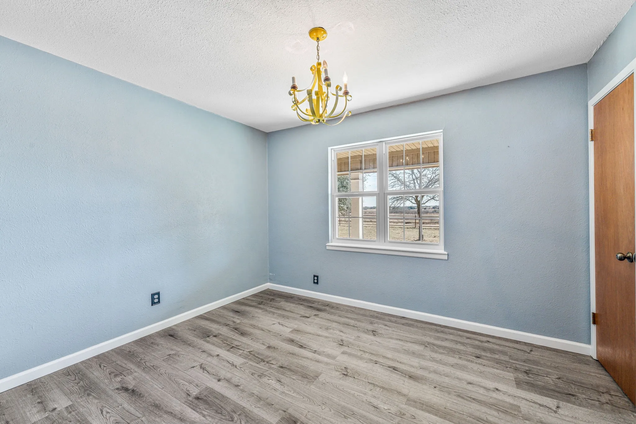 Room featuring a gold-finish chandelier, a double window, wood-finish flooring, and a natural wood-finish door