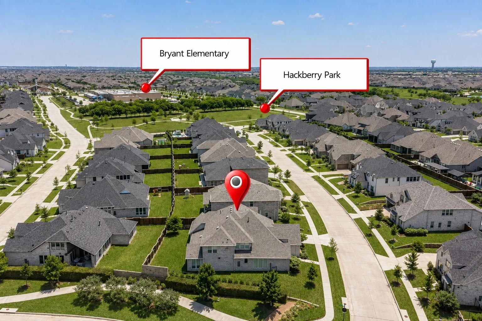Aerial perspective featuring established residential properties, an elementary school, and a public park