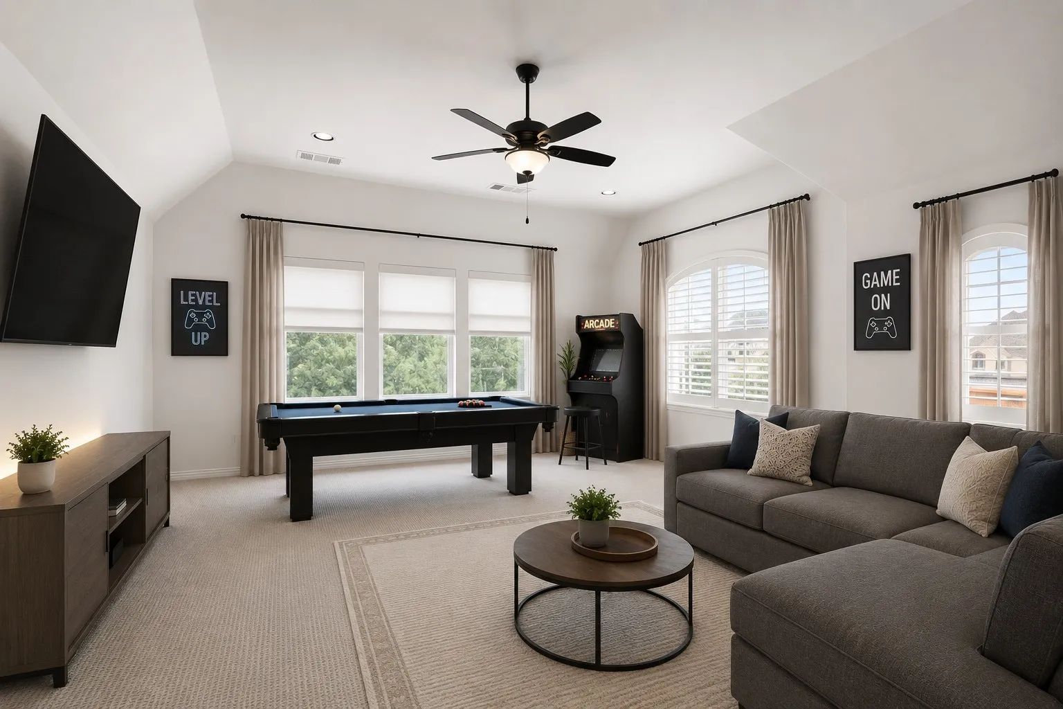 Carpeted bonus room featuring a vaulted ceiling with a ceiling fan, recessed lighting, and multiple windows with plantation shutters