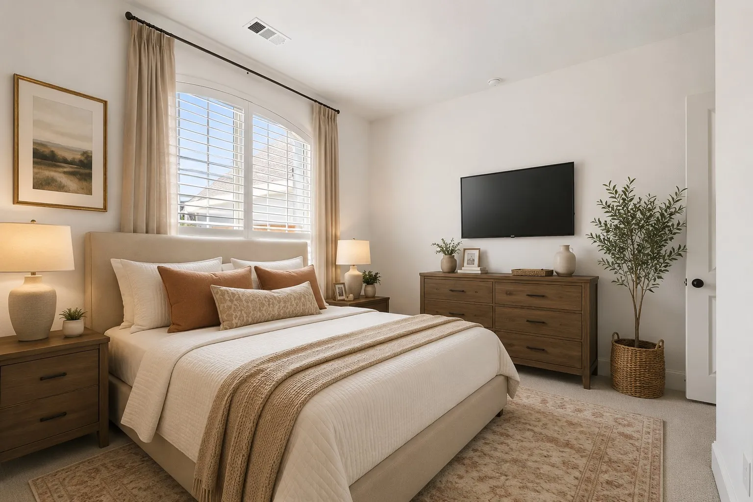 Bedroom featuring an arched window with blinds, recessed lighting, and neutral wall-to-wall carpeting