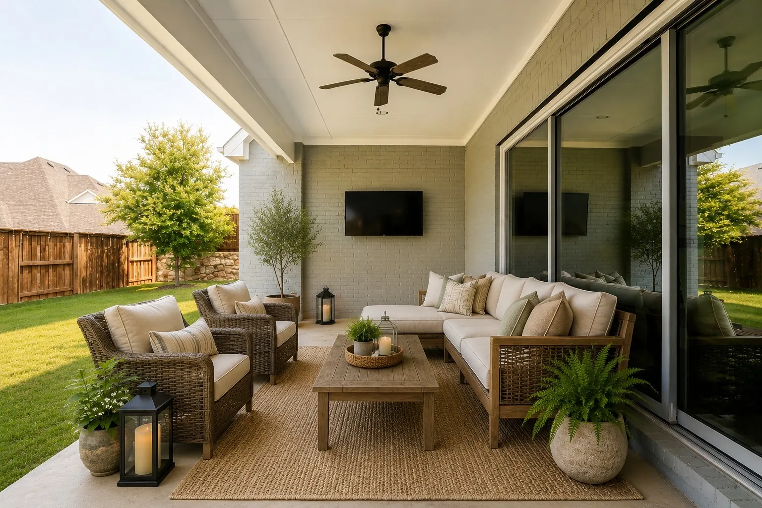 Covered patio featuring a ceiling fan, mounted television, and a sliding glass door system