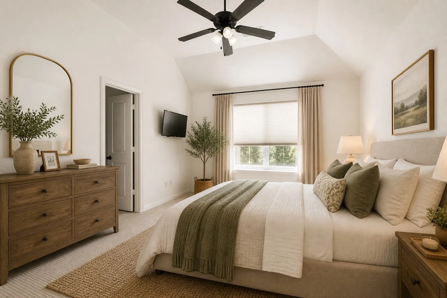 Vaulted bedroom featuring a ceiling fan, recessed window, and light-toned carpeting