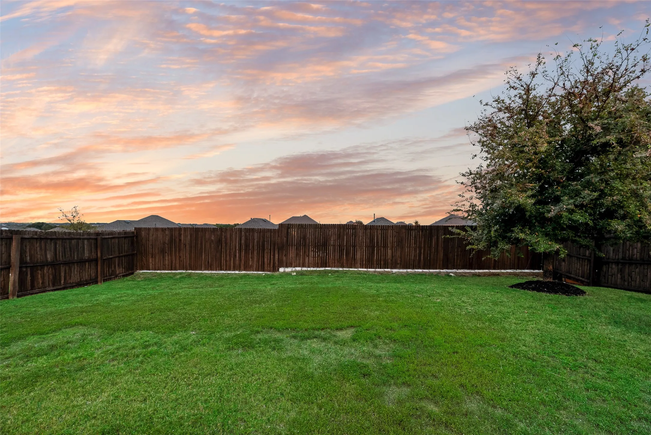 Expansive backyard with lush, manicured lawn bordered by wooden privacy fencing