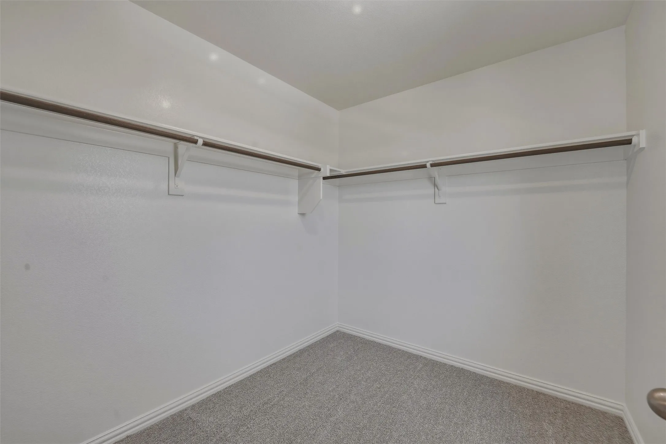 Walk-in closet with light gray carpet flooring, white walls, and built-in white shelving with hanging rods