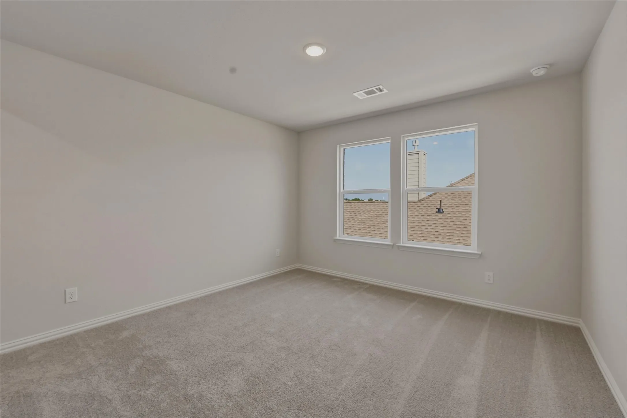Spacious room featuring neutral carpeting, light-toned walls, and dual windows