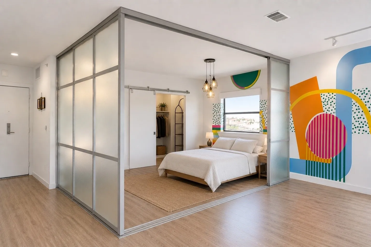 AI-generated rendering shown for illustrative purposes only to demonstrate one possible wall partition and room configuration within the open-concept floor plan.