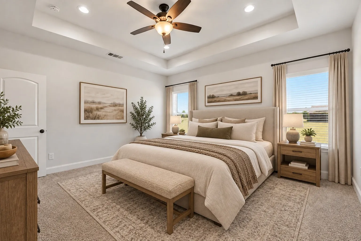 Primary Bedroom with Tray Ceiling and Ceiling FanSpacious primary bedroom showcasing a coffered tray ceiling with integrated recessed lighting and bronze ceiling fan