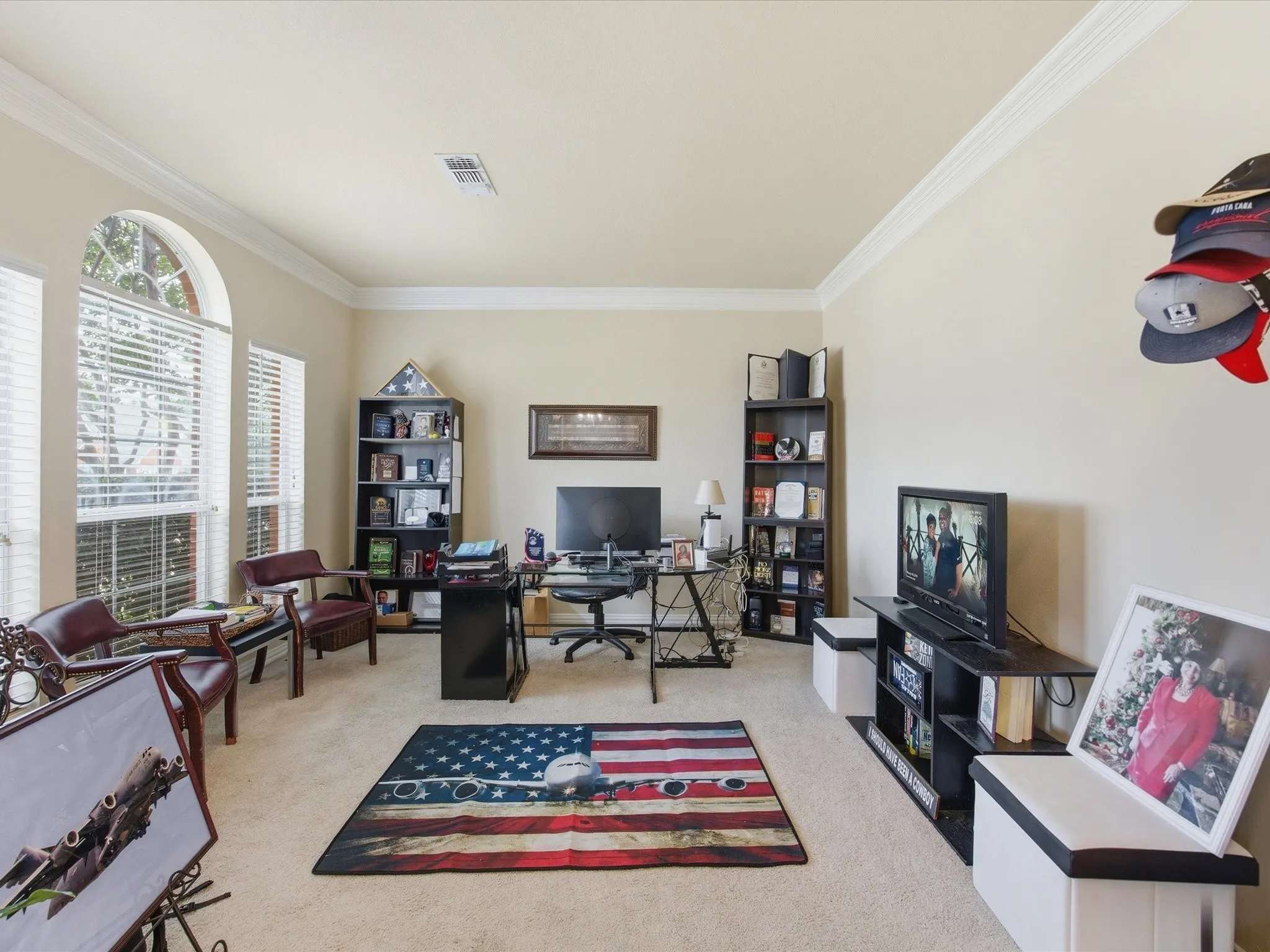 Carpeted interior space featuring crown molding and light-toned walls