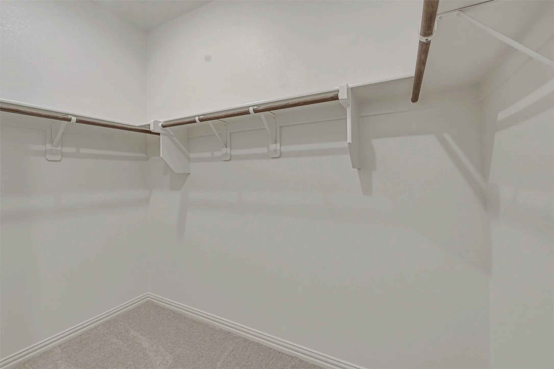 Spacious walk-in closet featuring light gray carpeting, white baseboards, and built-in white shelving with hanging rods