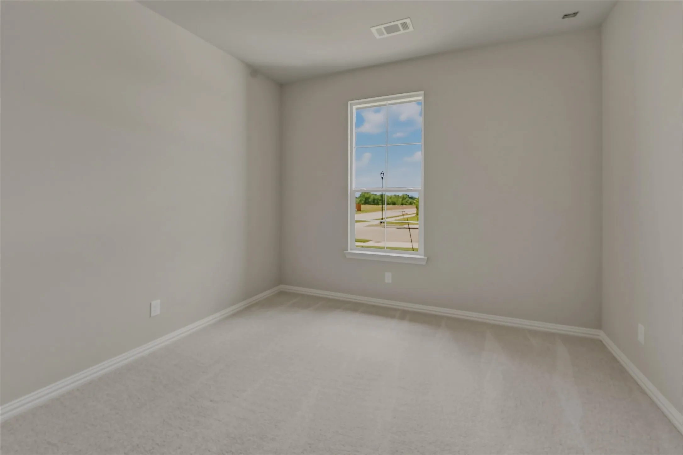 Carpeted interior space featuring a single-pane window with white trim, light-colored walls, and white baseboards