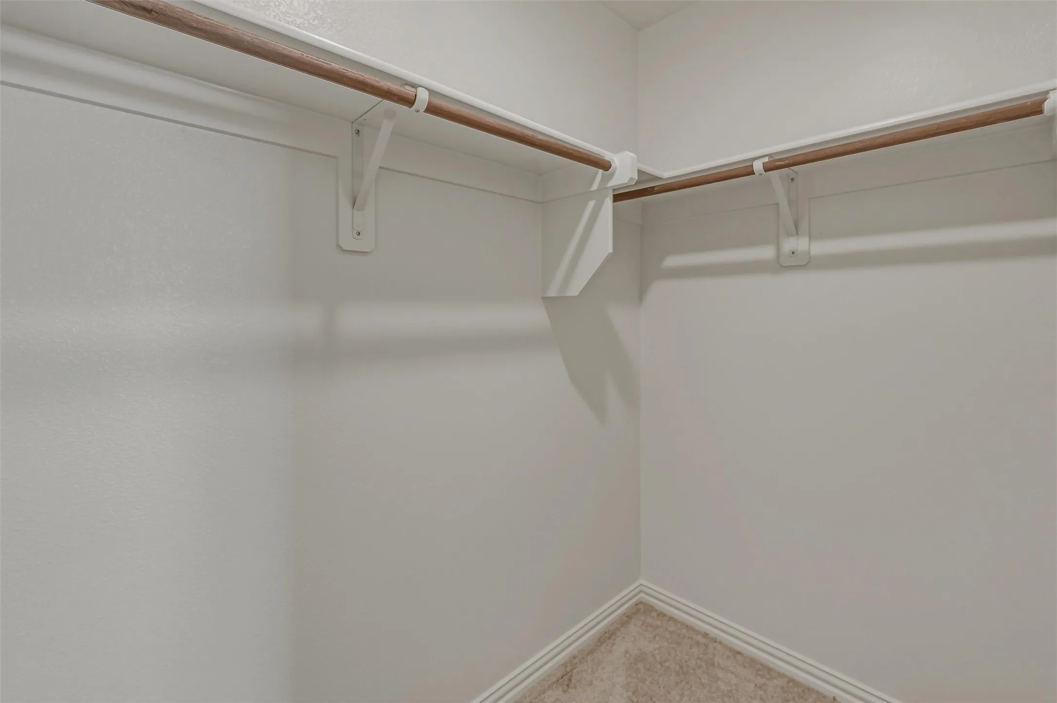 Walk-in closet with carpet flooring, white walls, and built-in wood-finish hanging rods