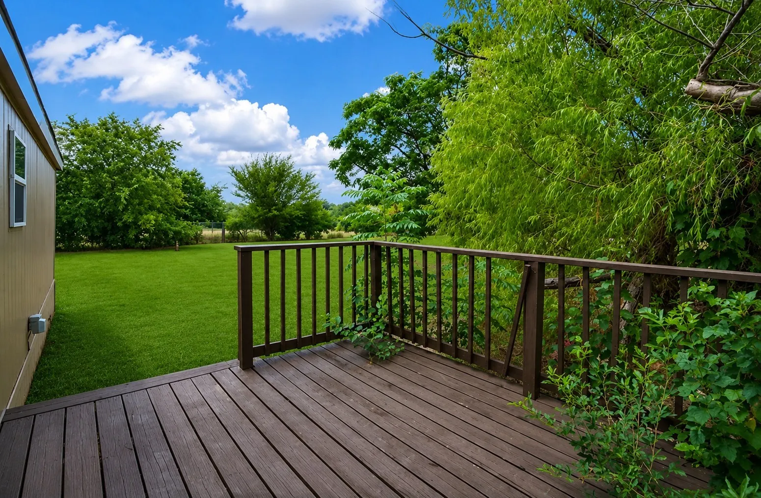 Wood-finish deck with a dark railing and lush green landscaping