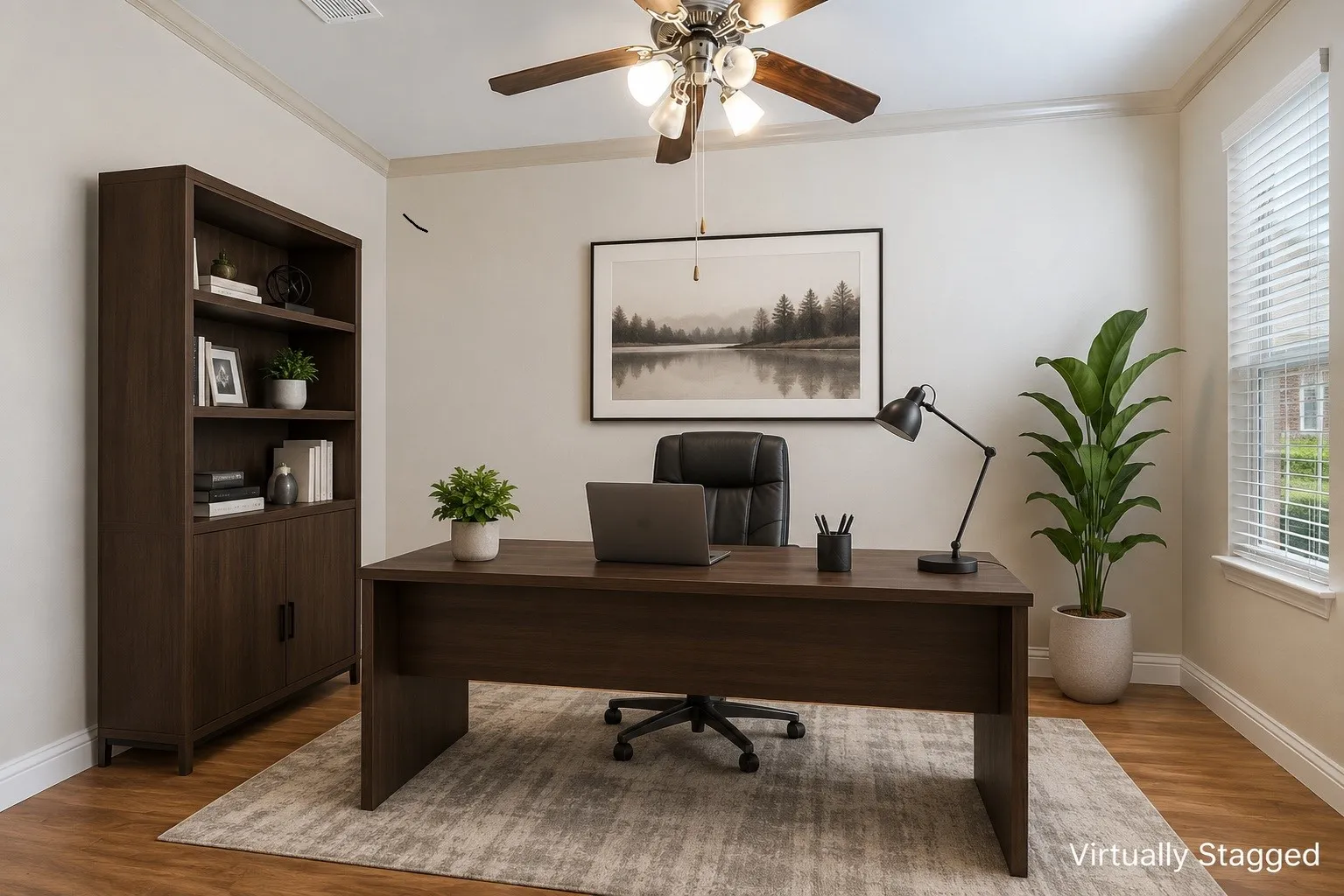 Dedicated room featuring wood-finish flooring, crown molding, a multi-light ceiling fan, and a window with blinds