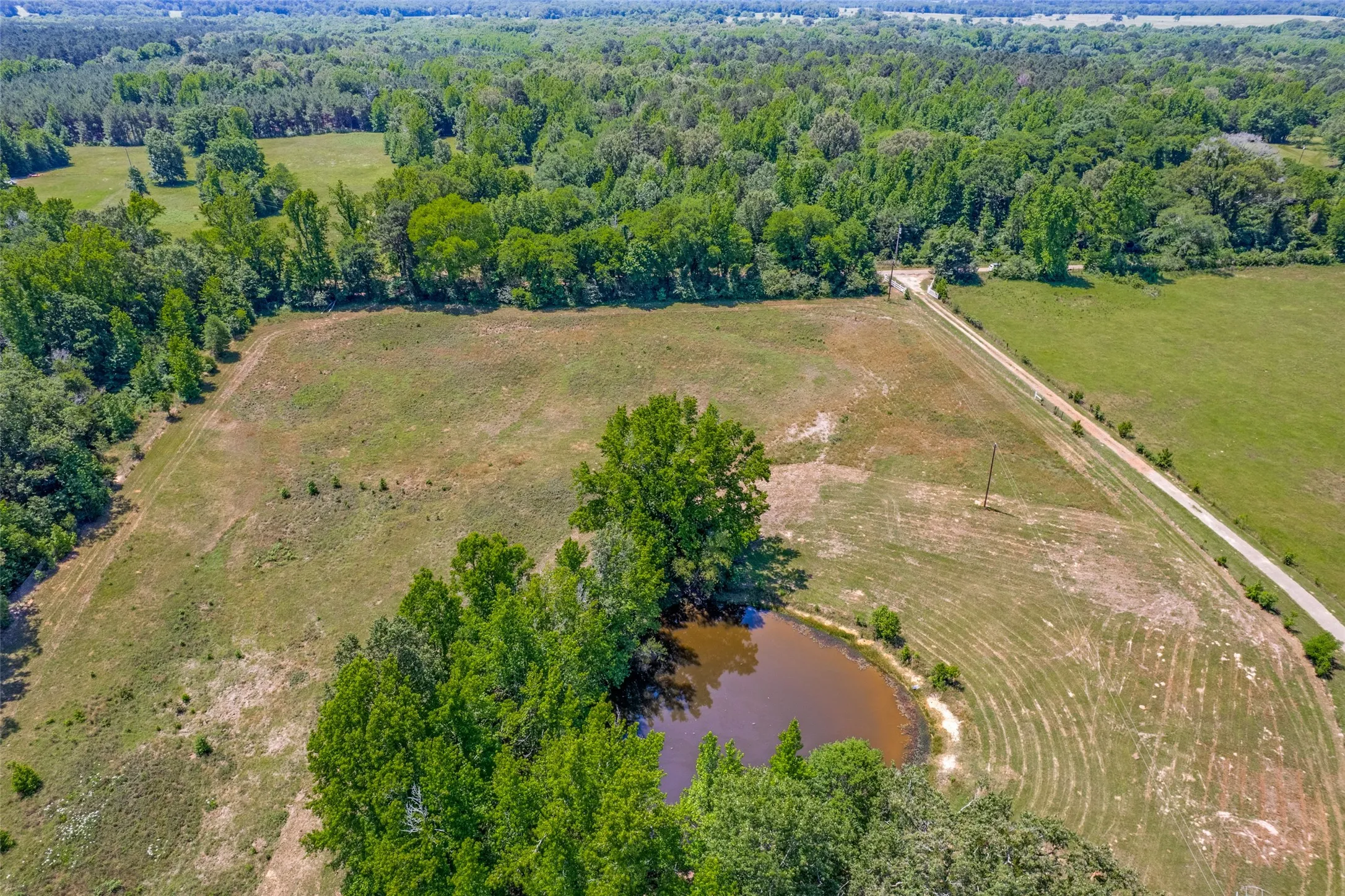Expansive acreage featuring a private pond, open fields, mature tree lines, and a visible access road