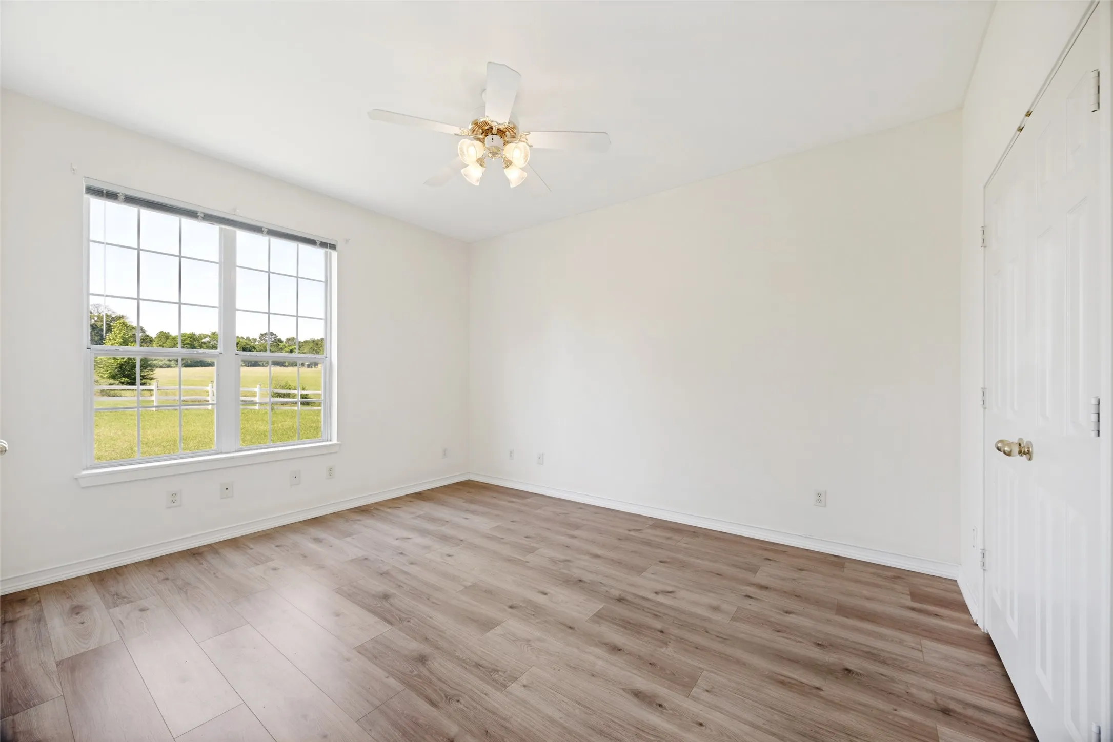 Spacious room featuring wood-finish flooring, a large multi-pane window, and a ceiling fan with integrated lighting