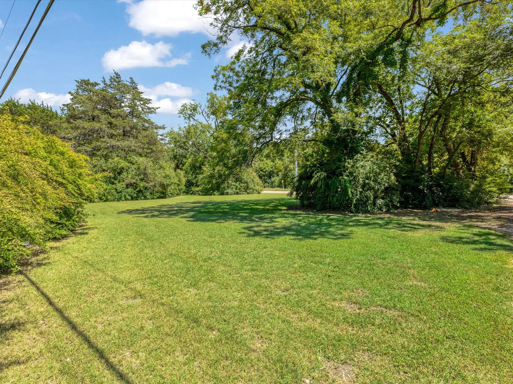 Expansive green lawn with mature trees and dense foliage