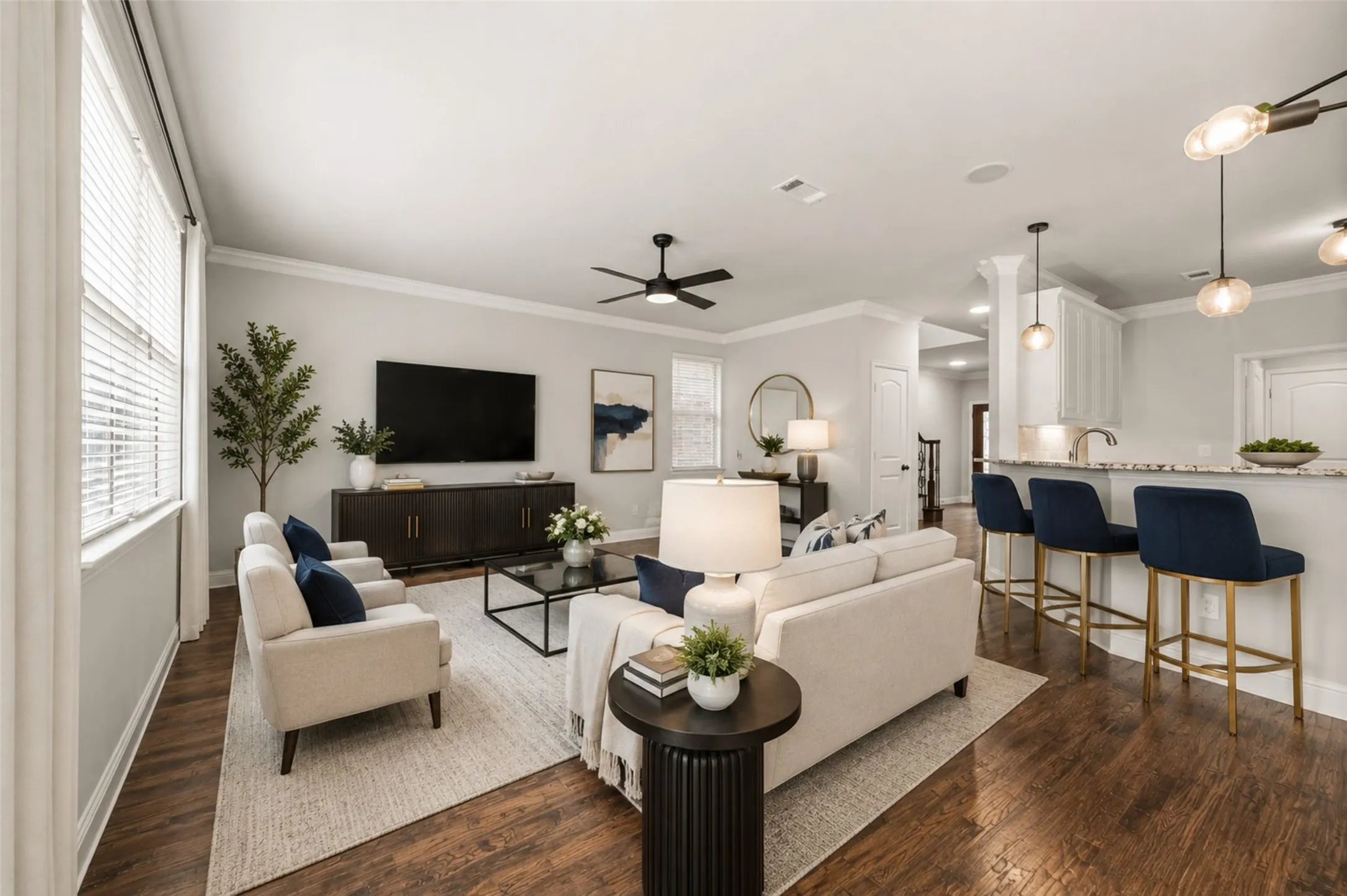 Spacious family room with open floorplan.  Virtually staged image.
