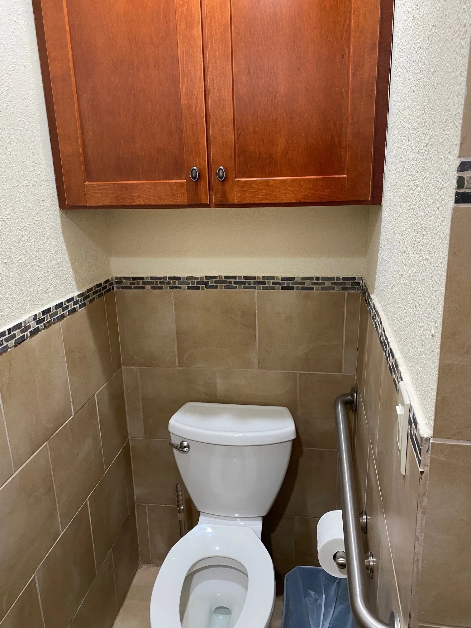Master toilet with cabinet overhead.