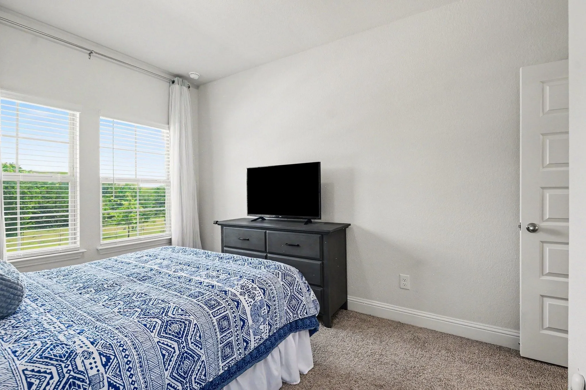 Bright bedroom featuring two large windows with blinds, light-colored walls, carpet flooring, and a paneled door