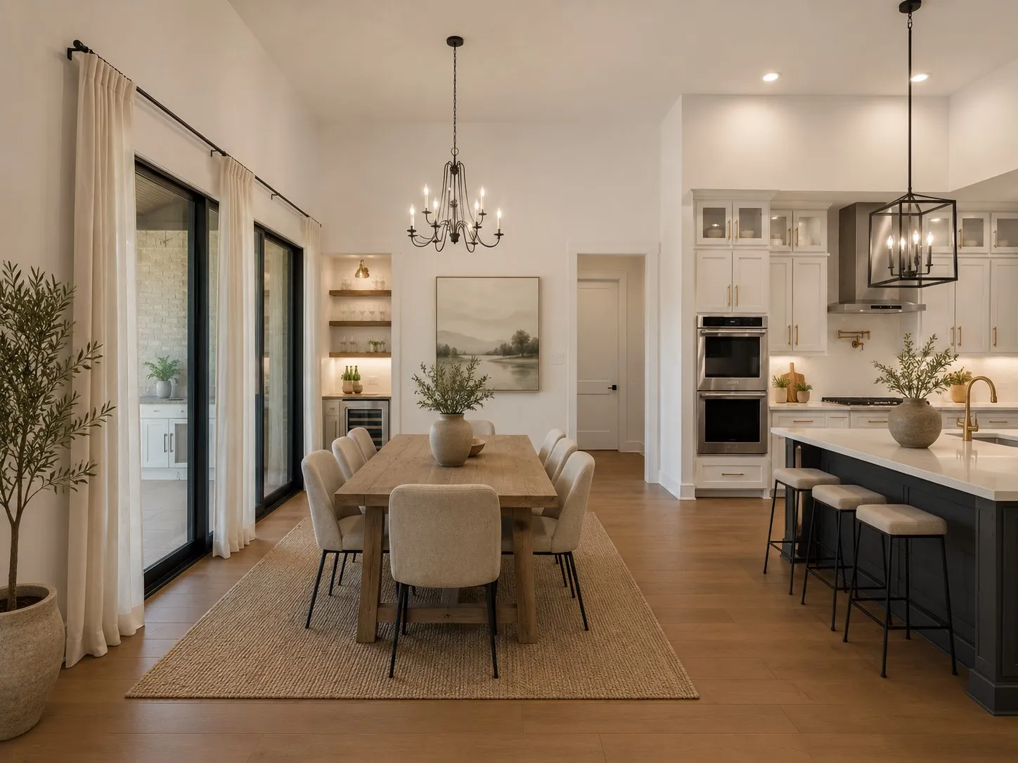 Open-concept living area featuring high ceilings, wood-finish flooring, and a dining space with a classic chandelier