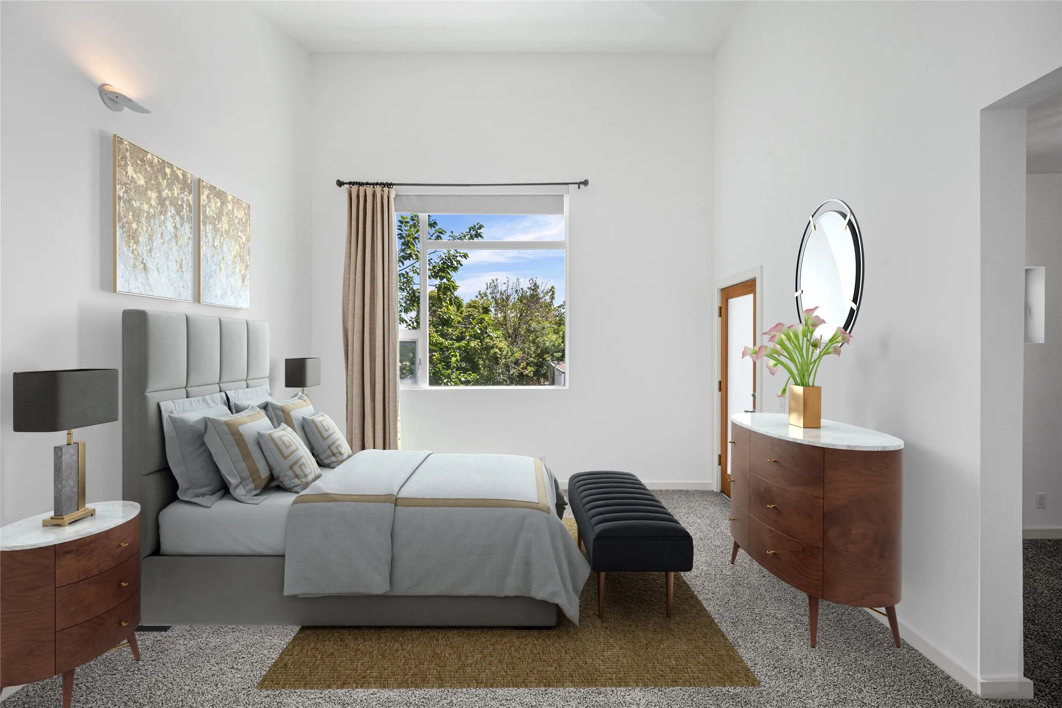 VIRTUALLY STAGED! White walls with high ceilings and light gray carpet create an airy atmosphere