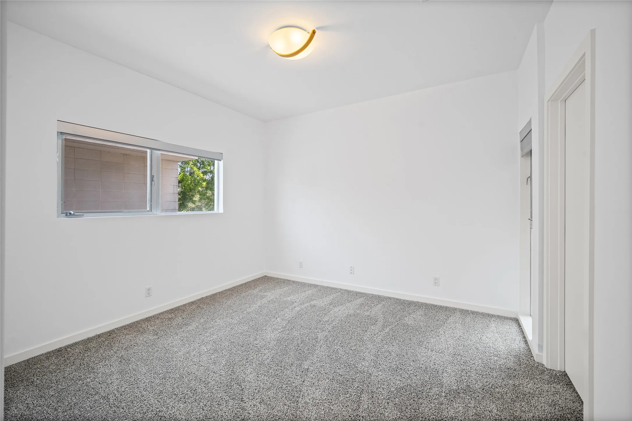 Bright room featuring neutral gray carpet, white walls, and a modern ceiling light fixture