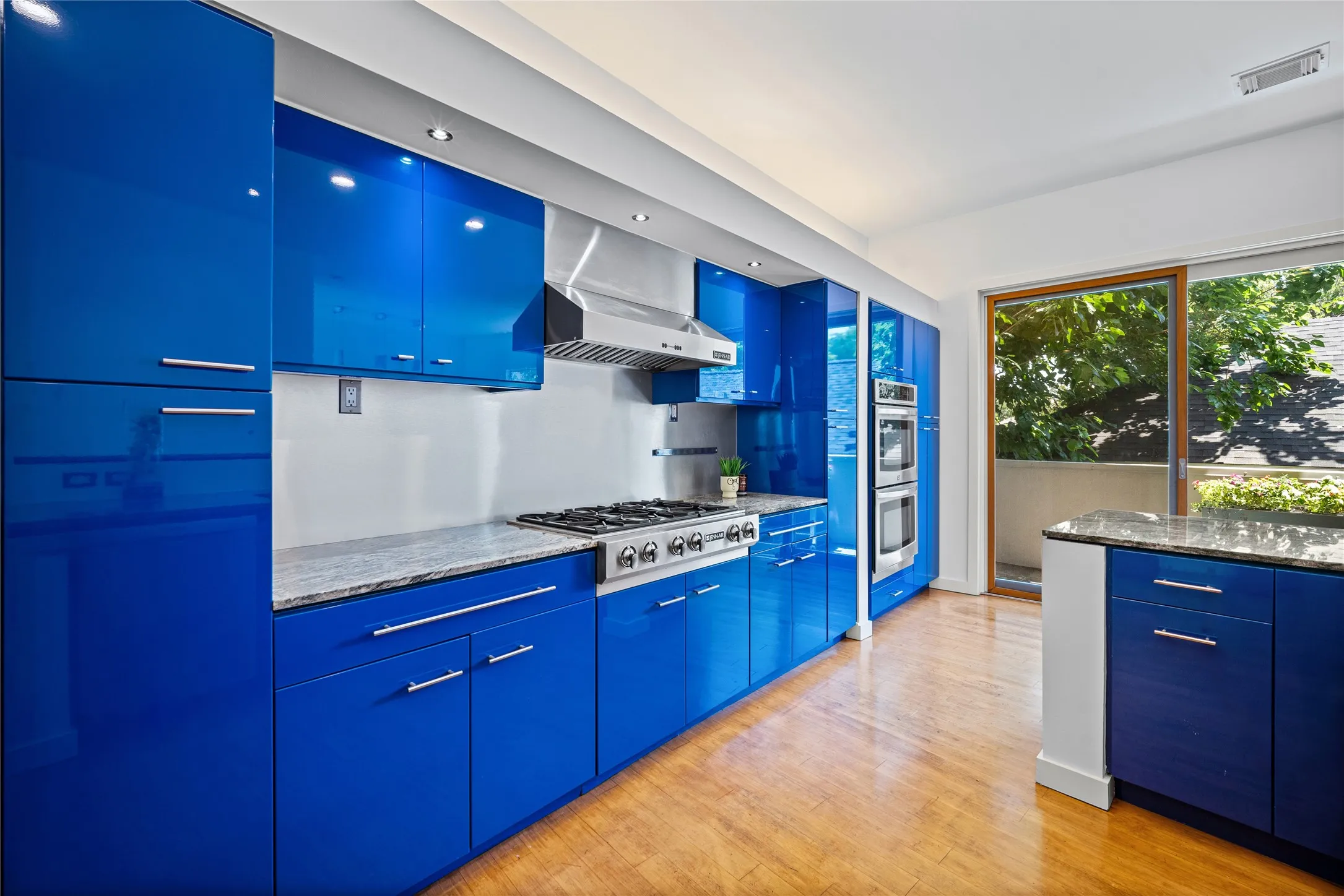Contemporary kitchen featuring vibrant blue cabinetry, stainless steel appliances, light wood-finish flooring, and a sliding glass door opening to outdoor greenery