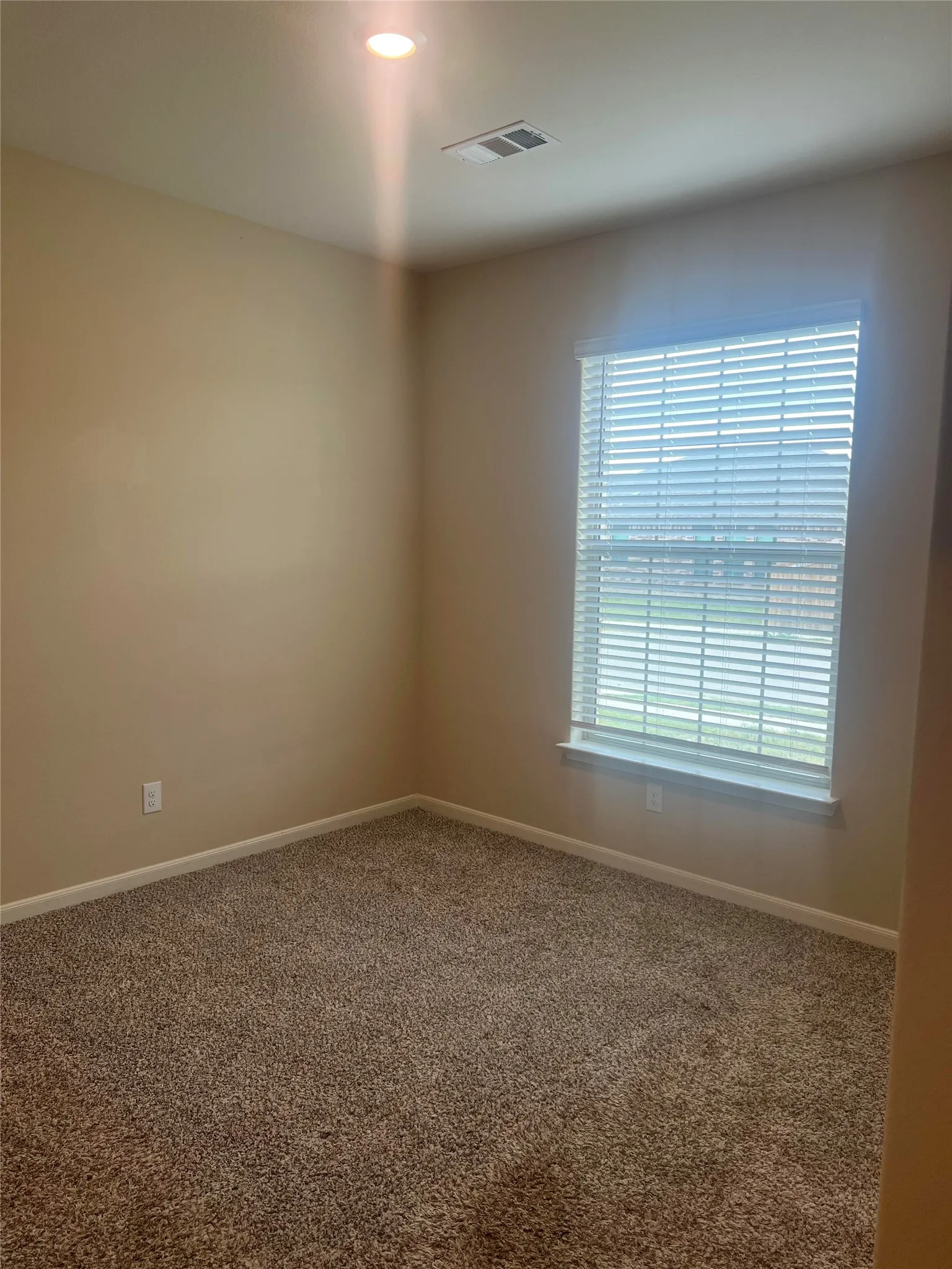 Neutral-toned walls complement plush carpeting