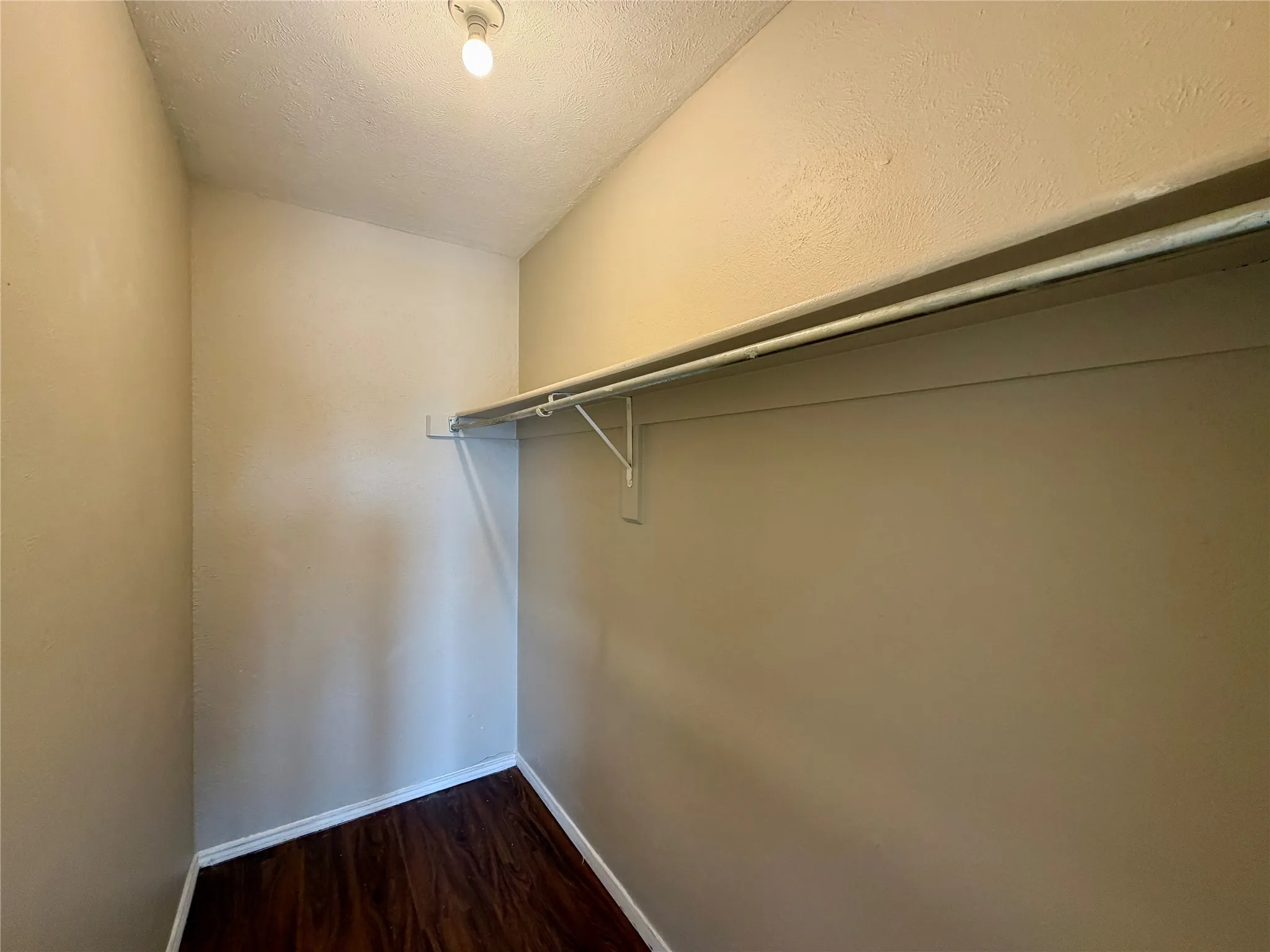 Built-in shelving with hanging rod, wood-finish flooring, and overhead lighting