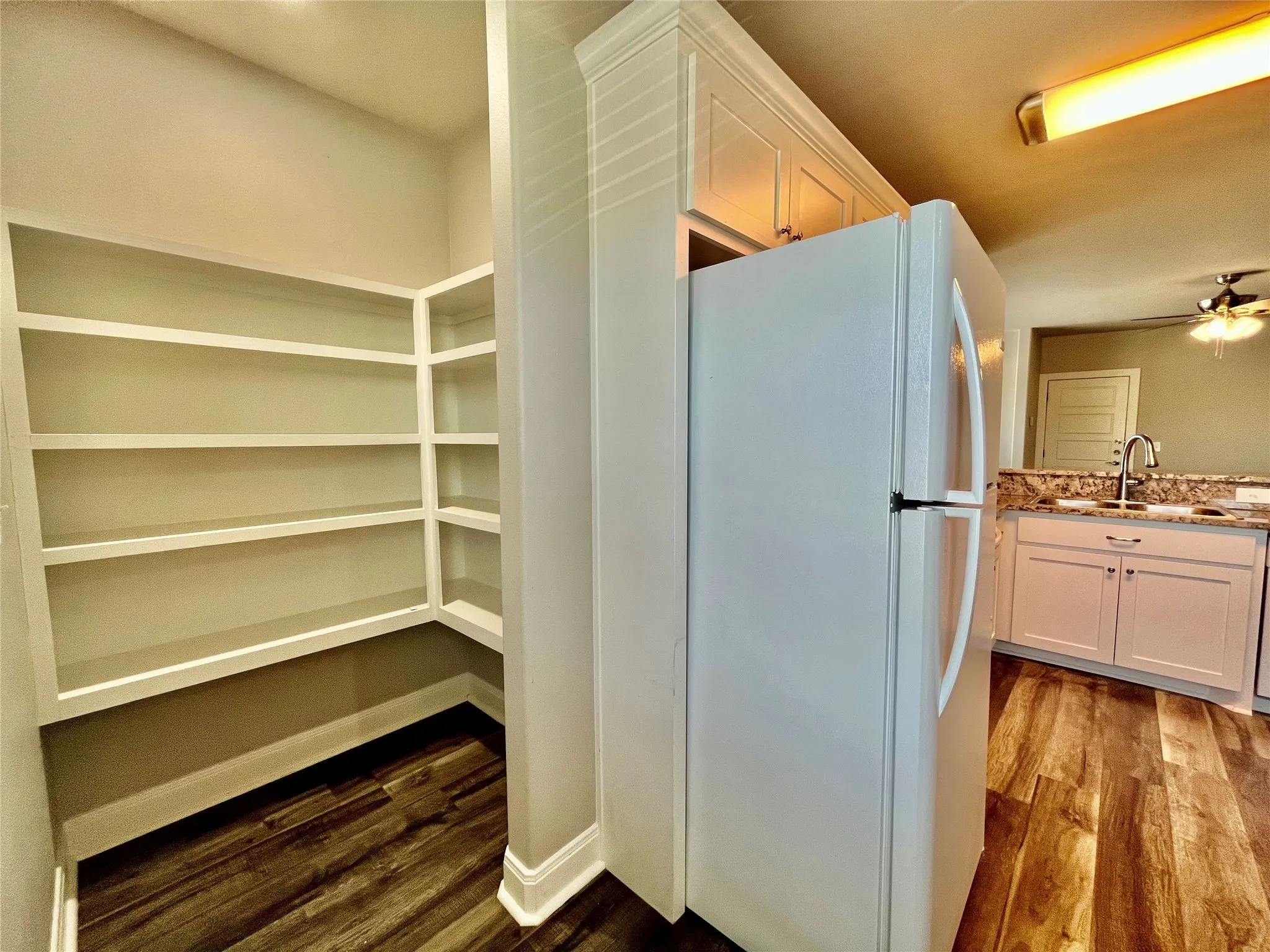 Incredible walk-in pantry with built-in shelving maximizes your kitchen storage.