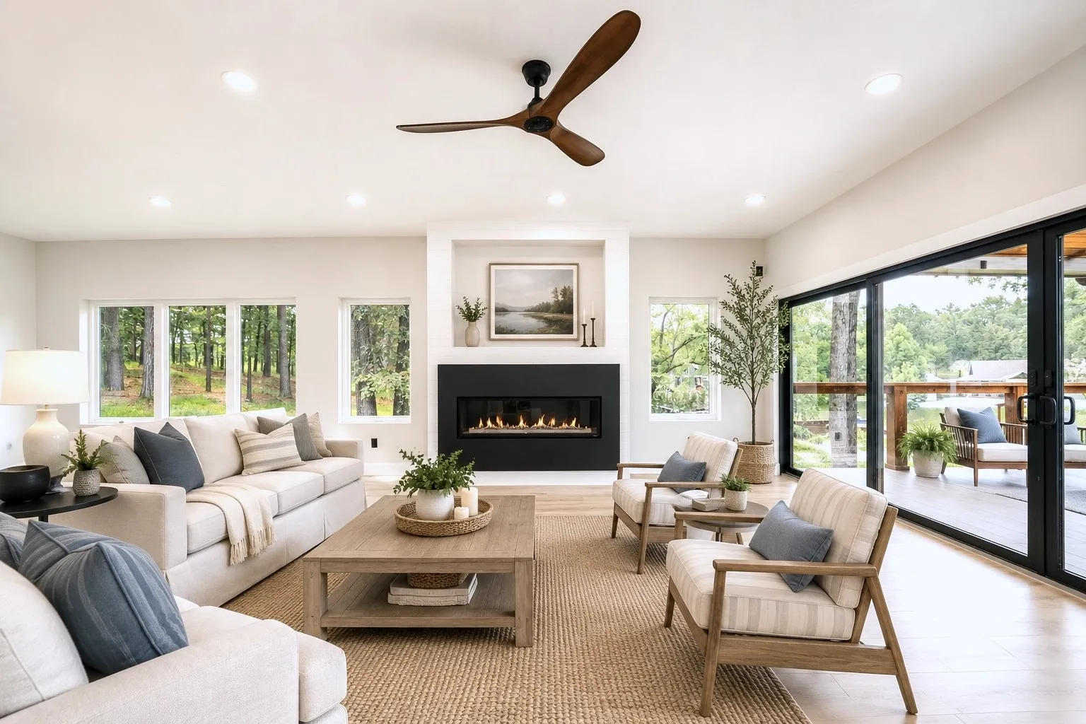 Virtually staged-Spacious living area featuring light wood-finish flooring, a contemporary fireplace with a dark surround, and large windows