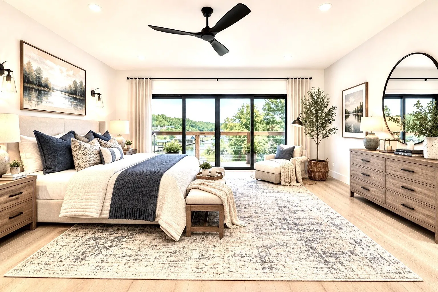 Virtually staged-Spacious bedroom featuring light wood-finish flooring, a full-wall glass slider leading to an outdoor balcony, recessed ceiling lighting, a contemporary ceiling fan, and an upholstered headboard