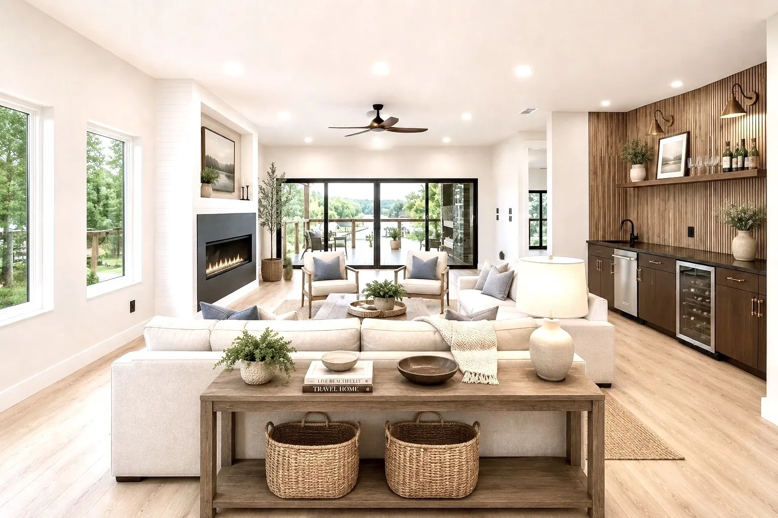 Virtually staged-Expansive living area featuring light wood-finish flooring and numerous recessed lights