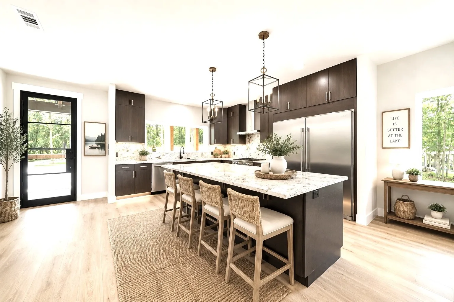 Virtually staged-Spacious kitchen featuring an oversized island with countertop seating, dark wood-finish cabinetry, stainless steel appliances, light wood-finish flooring, and a glass-paned door