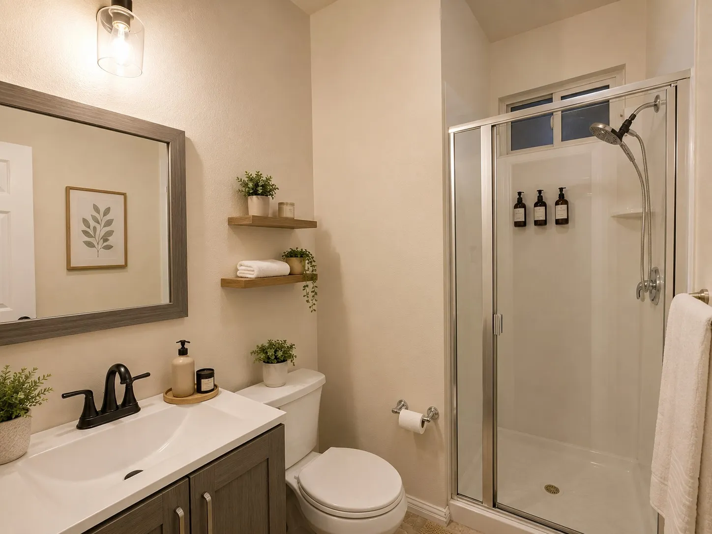 Bathroom featuring a single vanity with a rectangular sink, dark wood-finish cabinetry, and a framed mirror