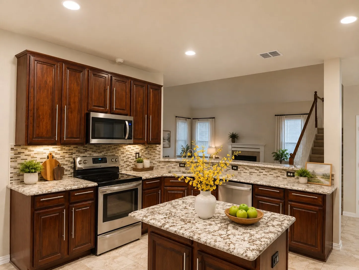 Kitchen featuring dark wood cabinetry, stainless steel appliances, a mosaic tile backsplash, and light-toned countertops