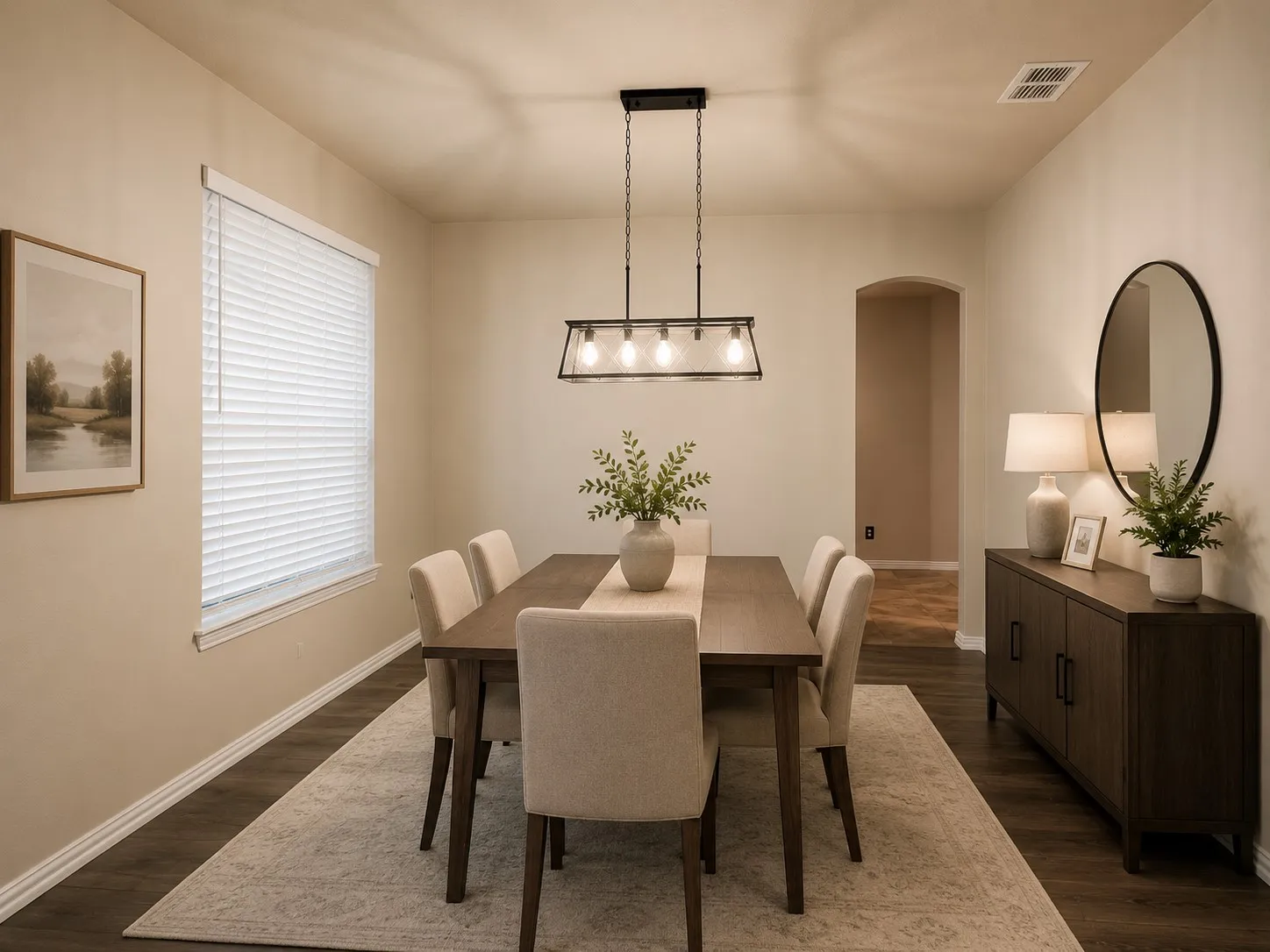 Formal dining area with wood-finish flooring, a contemporary linear chandelier, and a large window with privacy blinds