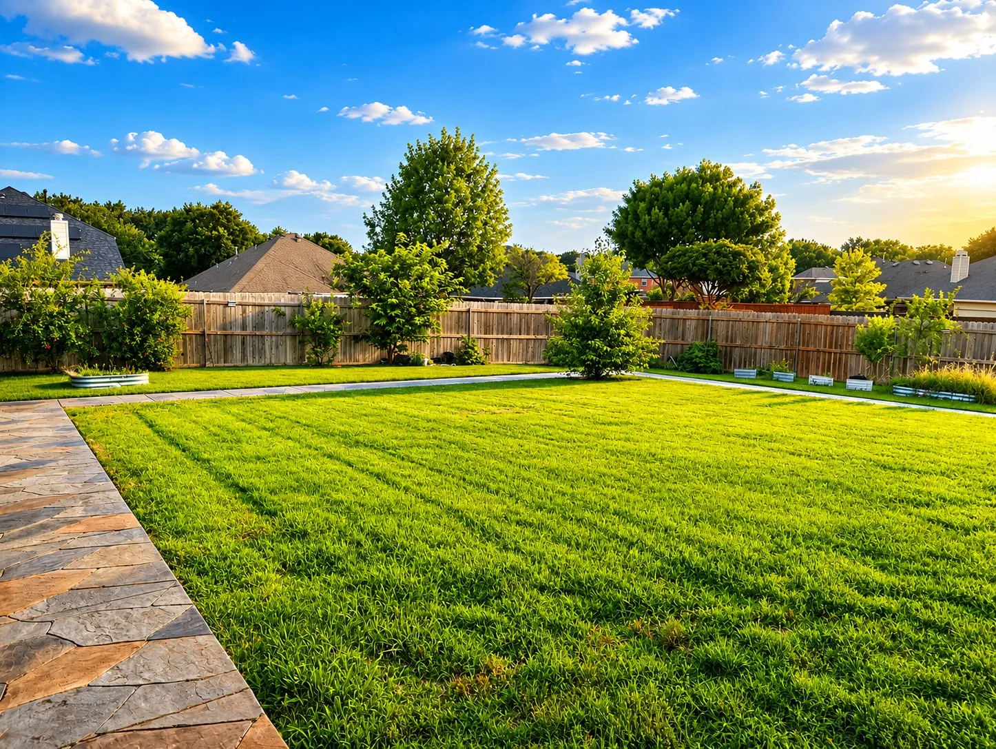 Expansive backyard featuring a lush lawn, a flagstone patio, mature trees, and a privacy fence