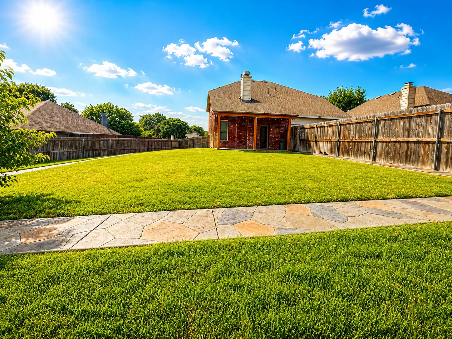 Expansive backyard featuring a lush lawn, a flagstone-style pathway, and a wooden privacy fence
