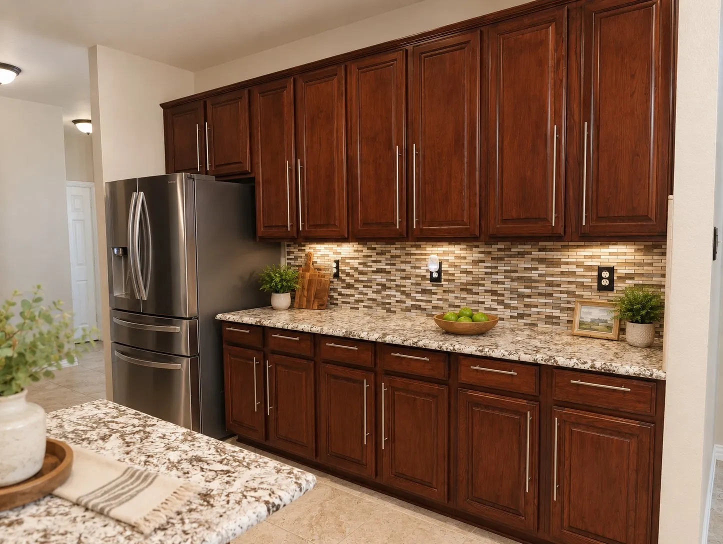 Kitchen featuring rich wood cabinetry, stainless steel refrigerator, granite countertops, and a mosaic tile backsplash with under-cabinet lighting