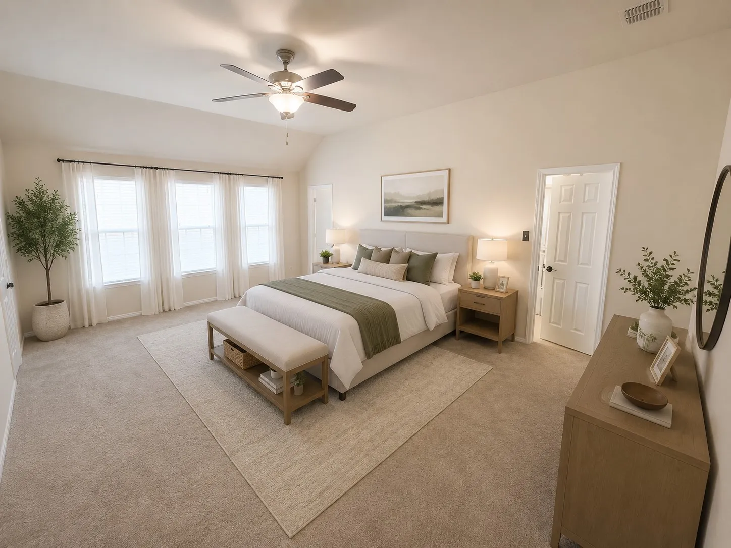 Vaulted ceiling bedroom featuring triple windows with blinds and sheer drapes, a ceiling fan with integrated lighting, and carpeted flooring