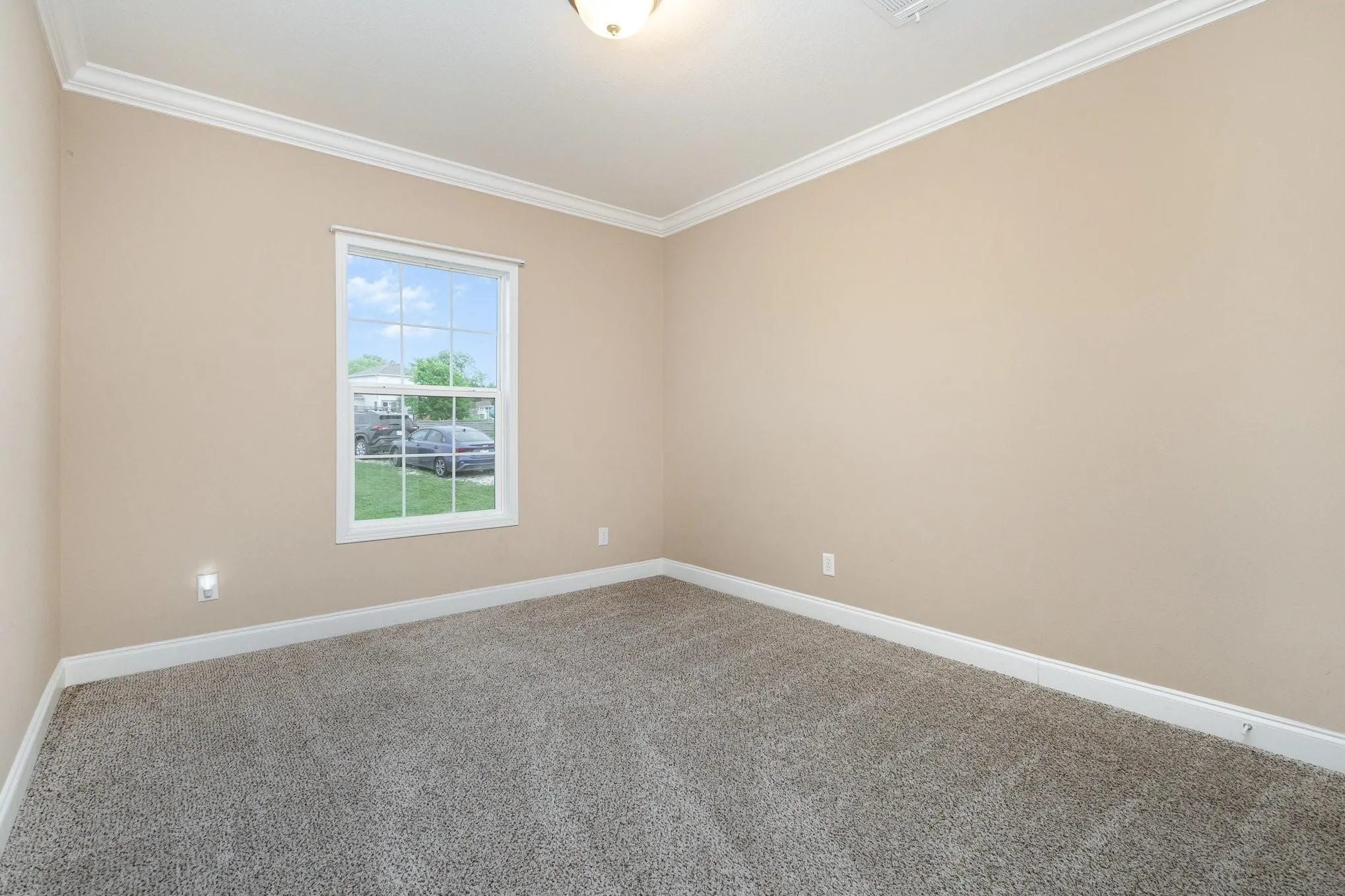 Neutral tone walls with crown molding and baseboards complement the grey carpet flooring