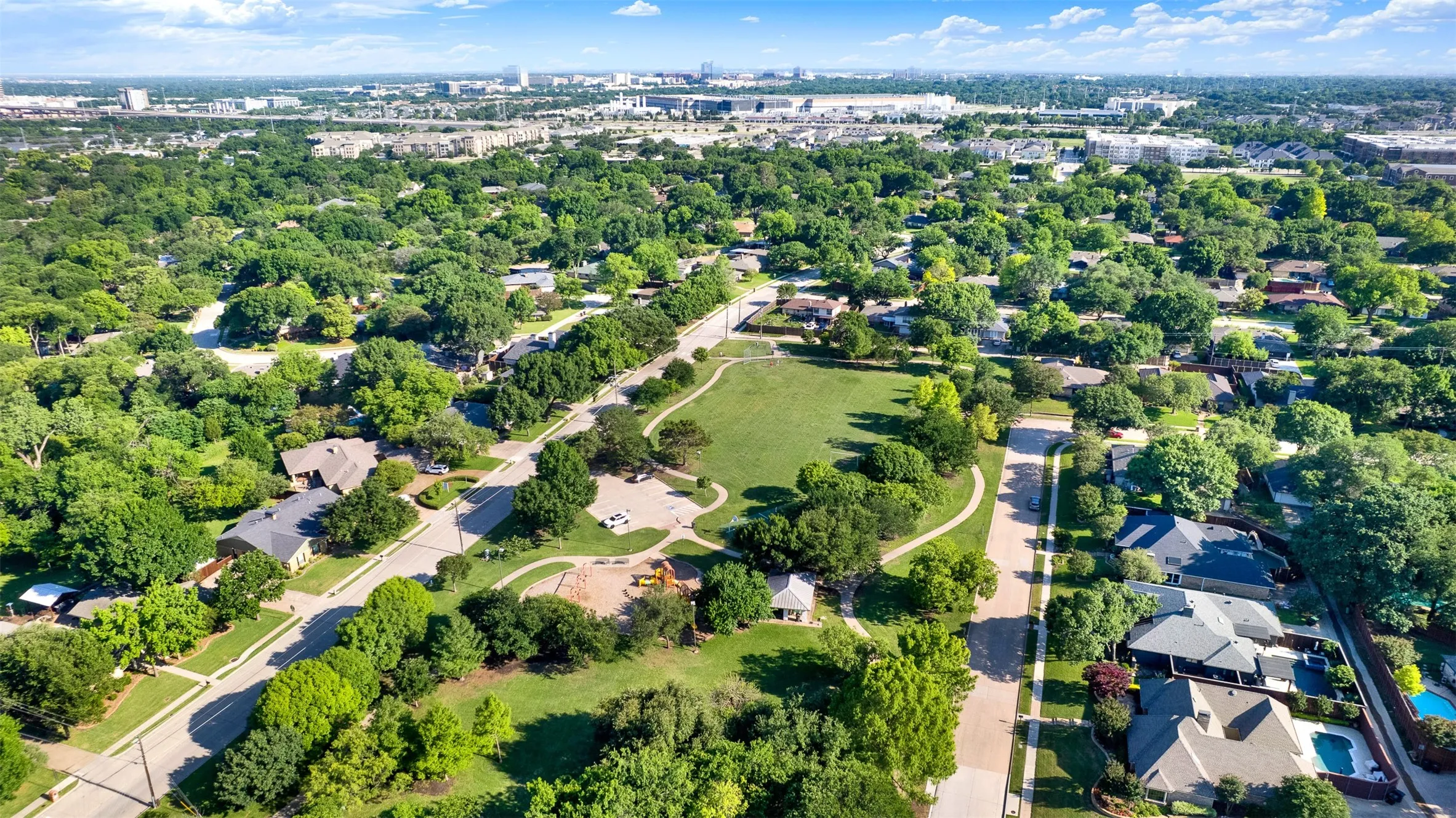 Looking from Westwood park north to shopping area in easy walking distance.